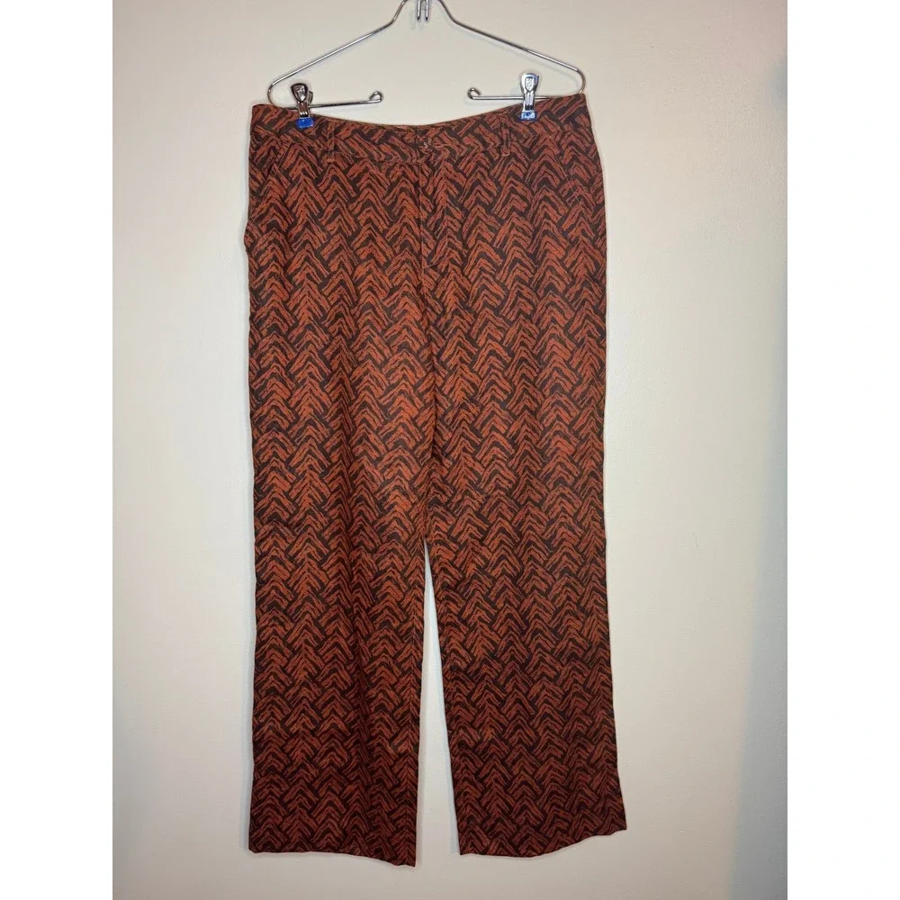 Garnet Hill Womens 8 Linen Wide Leg Pants Rust Brown Chevron Geometric Trousers
